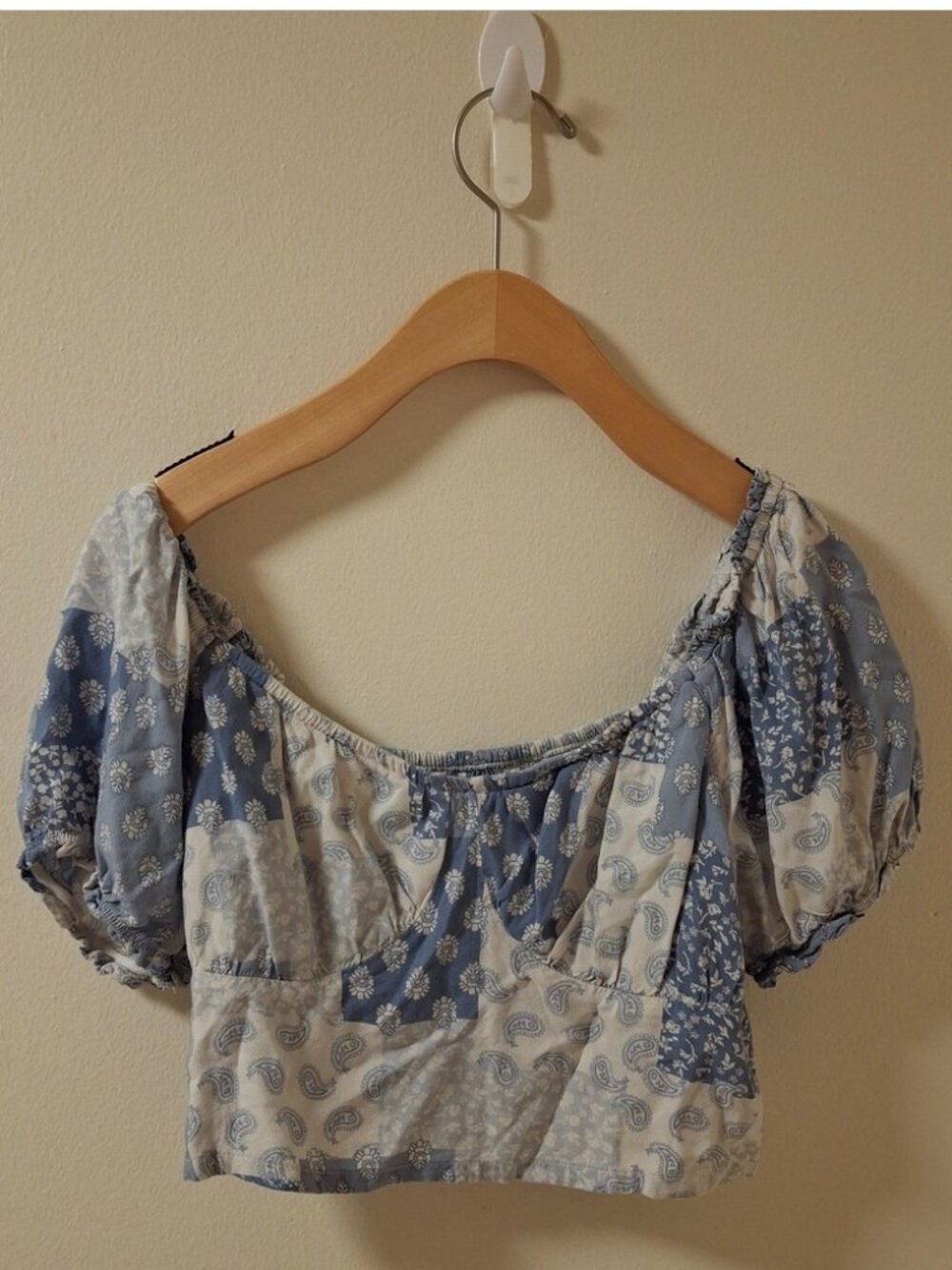 Blue and White Puff Sleeve Crop Blouse